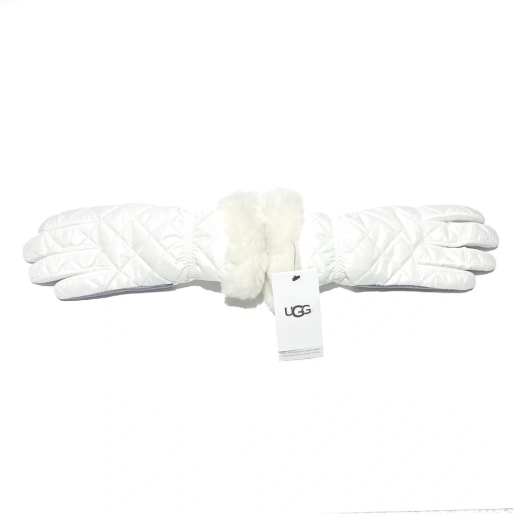 UGG White Black Quilted Shearling Trim & Leather Gloves NWT